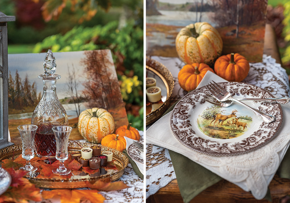 A crystal decanter, Spode Woodland plates, and glowing candles invite us to this autumn gathering.