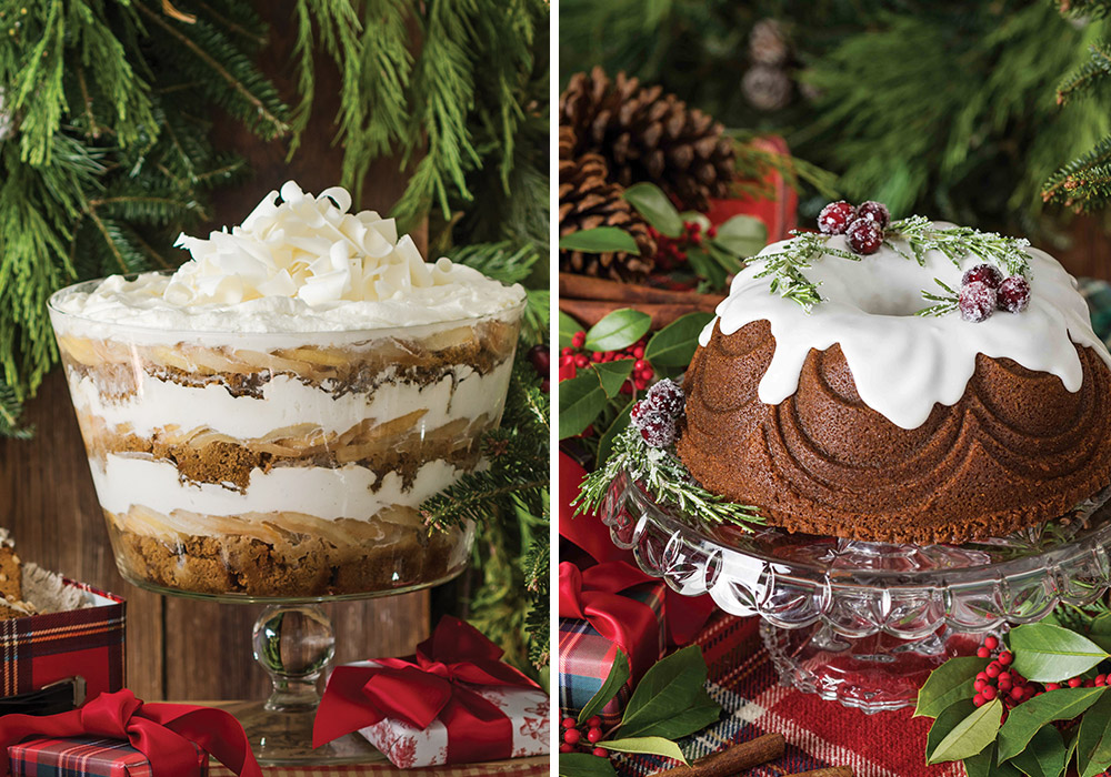 Left: Our Gingerbread-Pear Trifle is surrounded by little wrapped presents. Right: Our Gingerbread Bundt Cake is dressed with sugared rosemary and cranberries, set to look like holly.