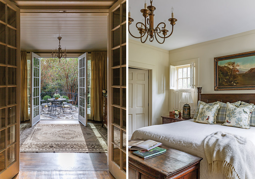 Left: A chandelier and rug greet open doors to the outdoor porch balcony. Right: A cozy bedroom boasts lovely landscape artwork above the bed.