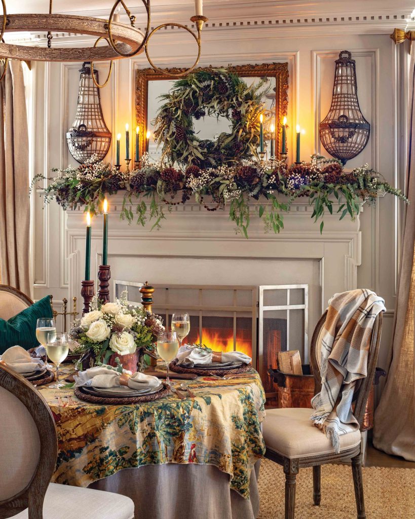 Shades of green, brown, and rustic tan are found throughout this comforting yet elevated table.