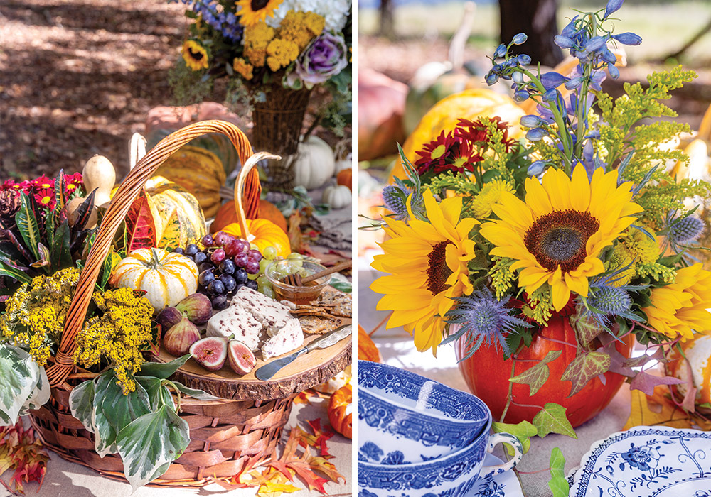 Left: Placed in a basket, this charcuterie board is decorated with miniature pumpkins. Right: A sunflower and thistle flower arrangement sits inside a pumpkin vase.