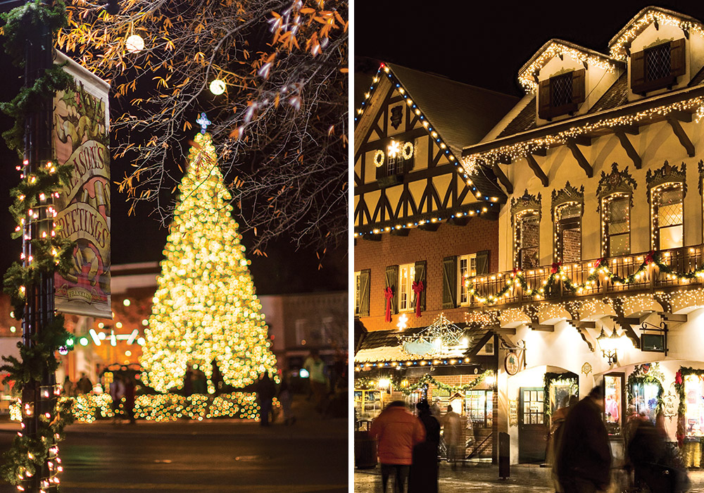 Views of the lights from Old-Fashioned Christmas Towns decked in splendor at nighttime.