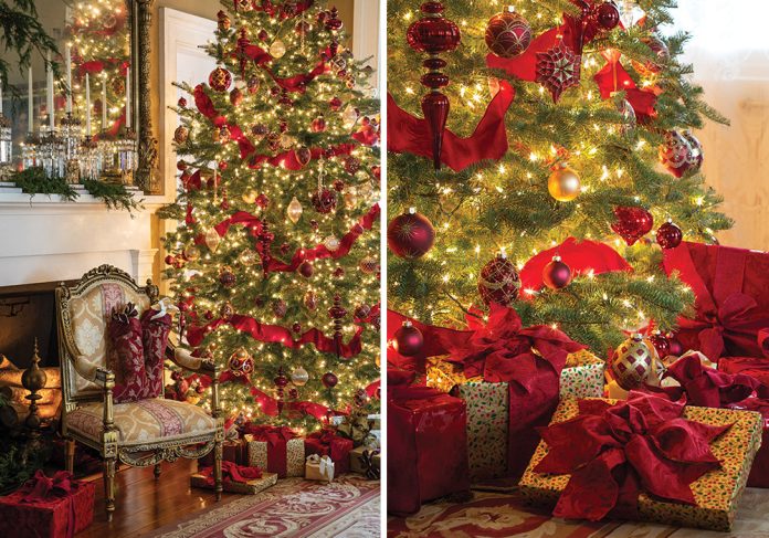 Decking our December 2022 holiday issue is a Christmas tree of traditional crimson and gold sits beside a bevy of antiques, including a French chair