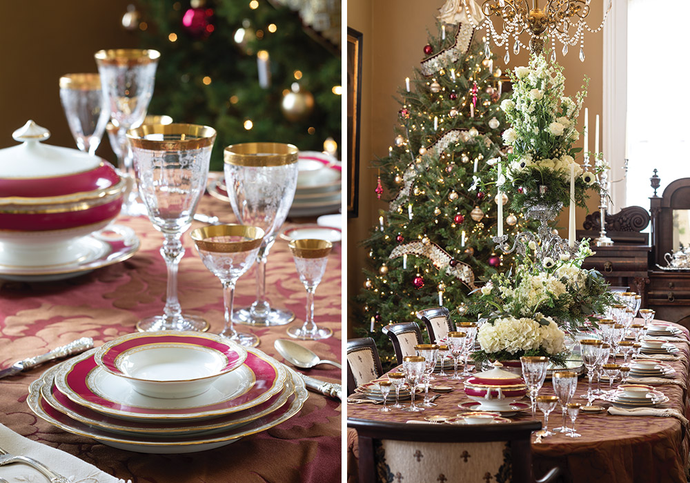 A tall silver epergne filled with white flowers and greenery makes an eye-catching centerpiece.