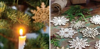 A single candle sits affixed to the branch of an evergreen tree. Right: Laid out in a pleasing pattern, wooden snowflake-shaped ornaments await being placed upon the bough.