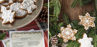 Left: Our exclusive Victoria recipe card features the recipe for our Gingerbread Cookies. Right: The cookies themselves sit atop evergreen branches, iced to look like snowflakes.