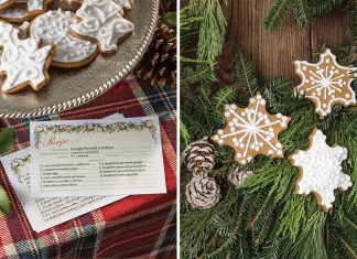 Left: Our exclusive Victoria recipe card features the recipe for our Gingerbread Cookies. Right: The cookies themselves sit atop evergreen branches, iced to look like snowflakes.