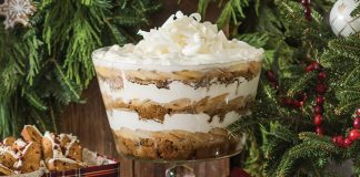 Our Gingerbread-Pear Trifle is surrounded by little wrapped presents.
