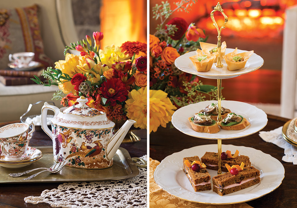Left: Set before the fire, a red and yellow bouquet emphasizes the gilt colors in this teapot and teacup set. Right: A simple tiered tray is laden with diminutive dishes.