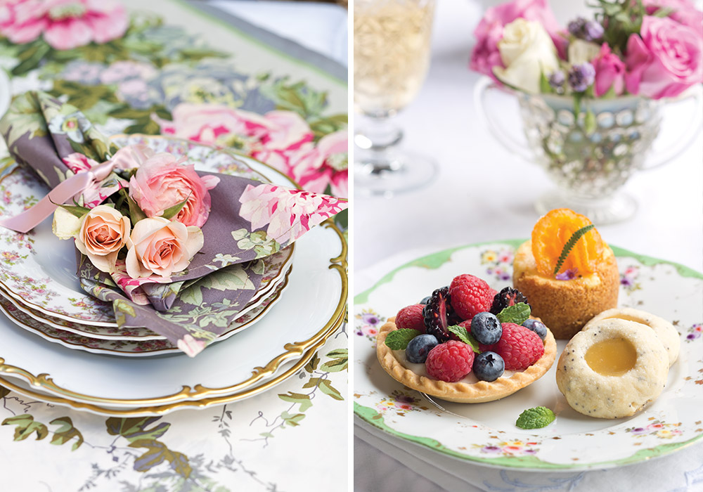 Left: A trio of pink roses is tucked into a floral napkin placed atop pretty porcelain plates. Right: Three unique recipes fit for springtime sit on a pastel patterned plate.