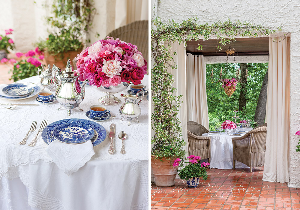 Right: A sweet table set for tea sits in an a covered alcove of the porch, where ivy climbs and curtains sway in the breeze. Left: The tabletop is dressed in blue-and-white china, a silver tea setting, and vibrant pink flowers.