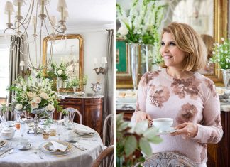 Left: A table set for afternoon tea features a silver centerpiece spilling with white roses. Right: Lisa Richey raises a cup to teatime.