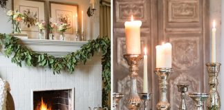The mantel, often dressed in Christmas stockings, now bears simple evergreen garland and silver candlesticks.