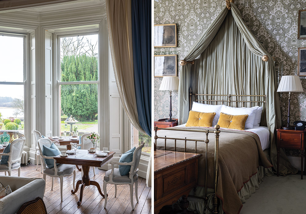 Quaint dining tables for two are set beside lovely floor-to-ceiling windows. Right: A fabric canopy hangs beside a traditional style bed.