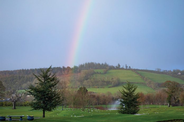 A rainbow shines above the verdant hills of Ireland.