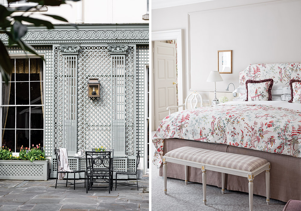 An outdoor dining table in the garden terrace sits beside a flower bed. Right: Floral patterns dress this bed in the hotel suite.