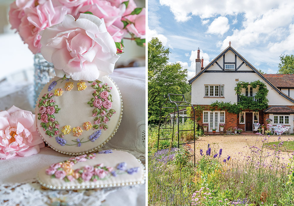 Left: We present a close-up view of Tanya Haines’ embroidery work of lovely pastel flowers. Right: The quaint exterior of her home is surrounded by wildflowers.