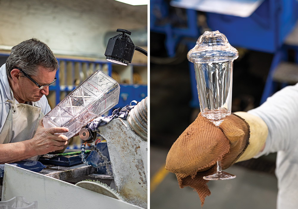 Master craftsmen cut, etch, and polish pieces of crystal.