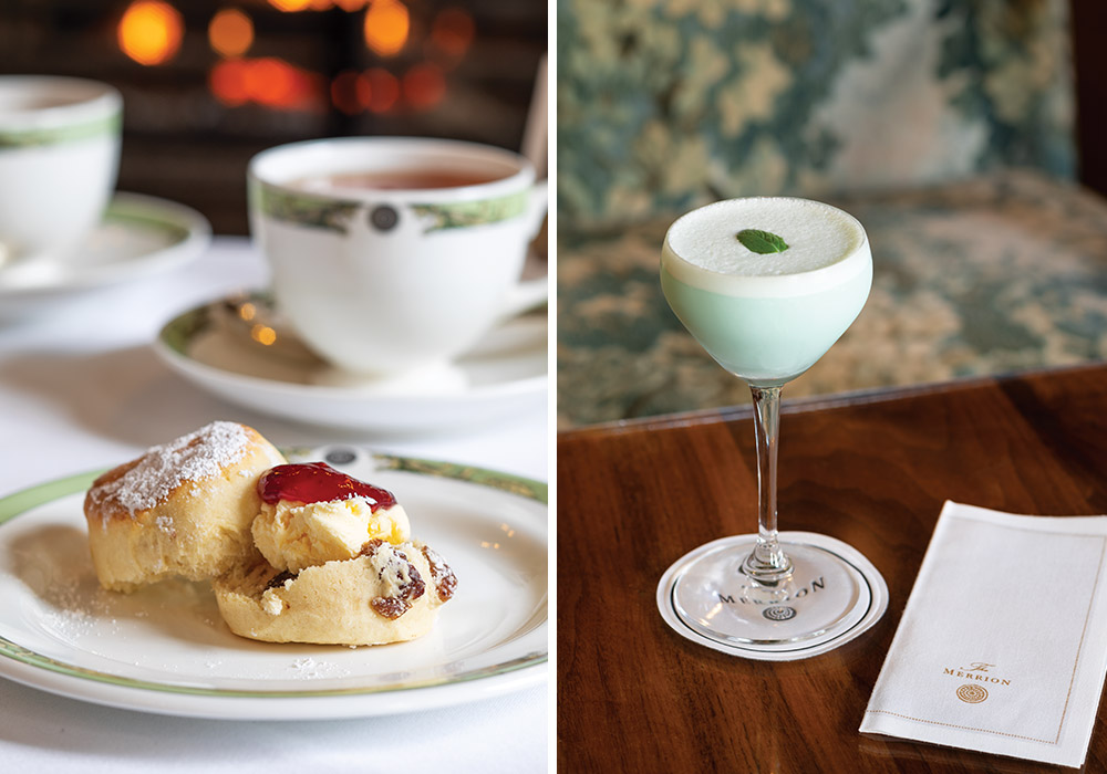 Left: A classic scone with jam sits beside a cup of tea. Right: A specialty cocktail tied to hotel history is placed upon the table.