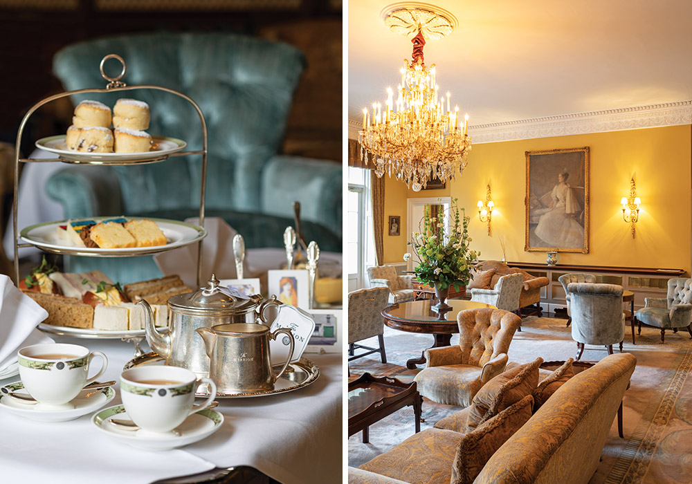 Left: A tiered tray laden with artistic treats sits beside cups of tea. Right: This view of the drawing room, where Art Tea is served, boasts period furniture and breathtaking artwork on the walls.