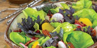Bright green lettuce sits mingled with winter vegetables in a rustic bowl atop the table.