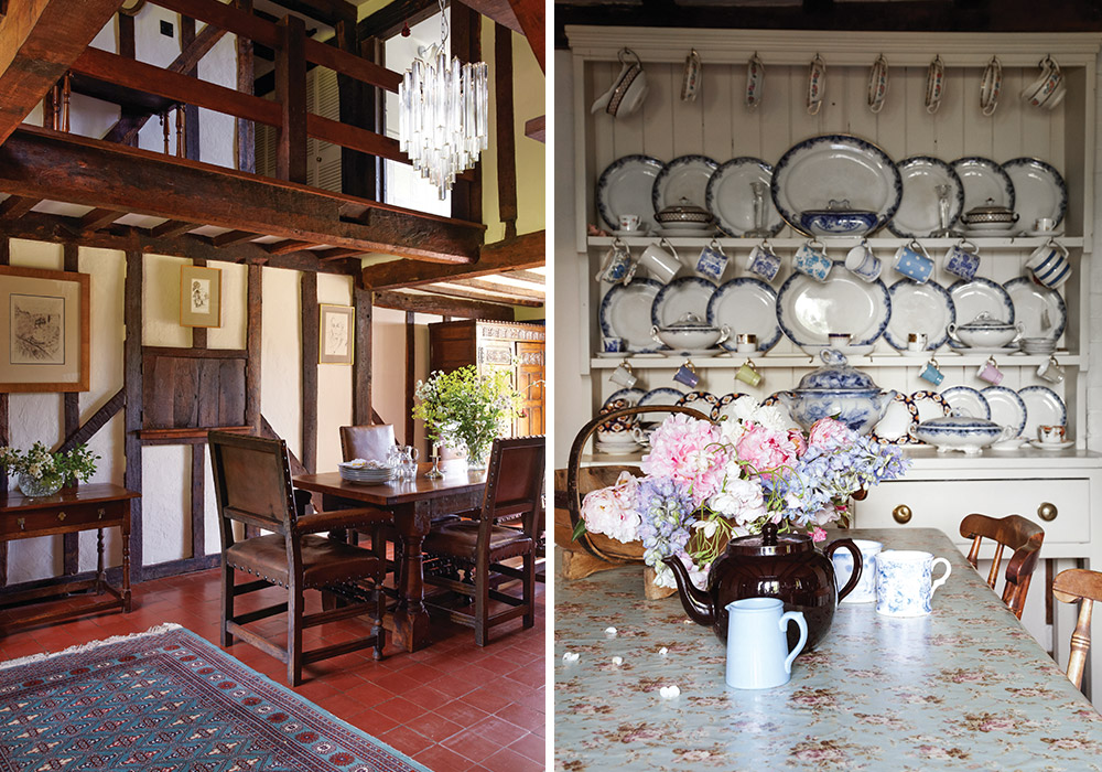 Left: Half-timbered walls and a dark wood dining set give this home a storied feel. Right: In the breakfast nook, there sits a teapot on the table and a collection of coordinating plates and cups in the china cabinet.