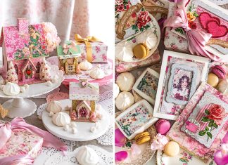 Left: Pale pink craft houses are displayed on cake stands among sweet treasures and wrapped gifts. Right: Handmade cards in Victorian style bear antique motifs.