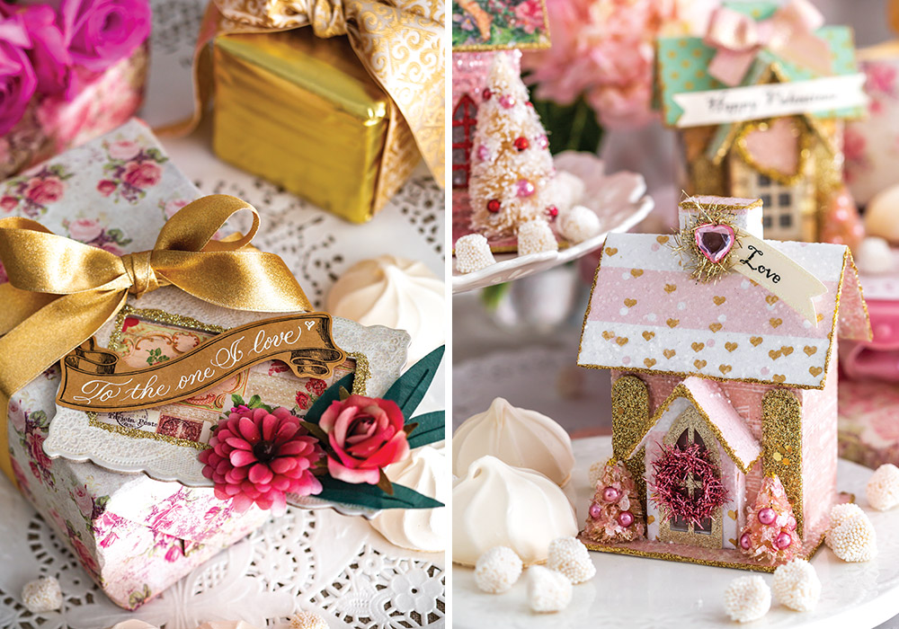 A gift wrapped in a gold ribbon reads “To the one I love.” Right: A closer view of this handmade house reveals tiny pink trees beside the front door.