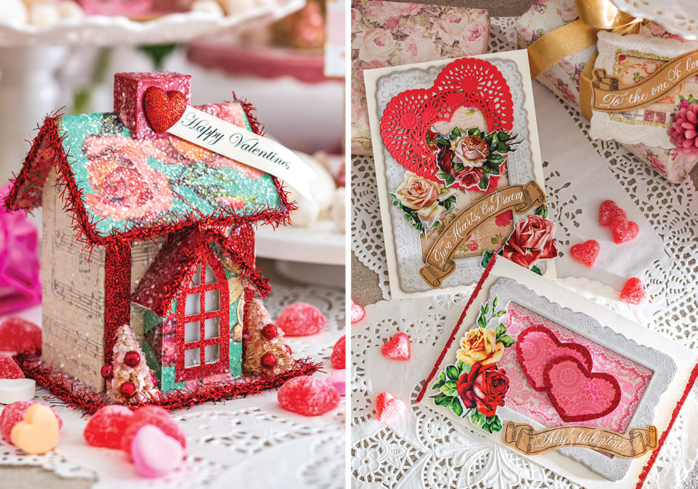 Left: A closer view of this house reveals bright red tinsel lining. Right: Handmade valentines bear images of hearts and the words “Two hearts, one dream.”