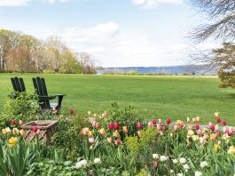 Two slender Adirondack chairs sit at the edge of a tulip garden and a verdant field, looking out onto the bay.
