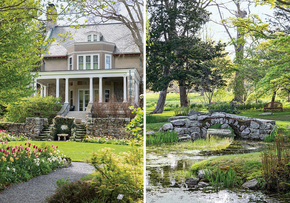 Left: Part of the mansion’s exterior can be seen from the north porch. Right: In one garden room, a stone bridge provides a path over a quaint creek.