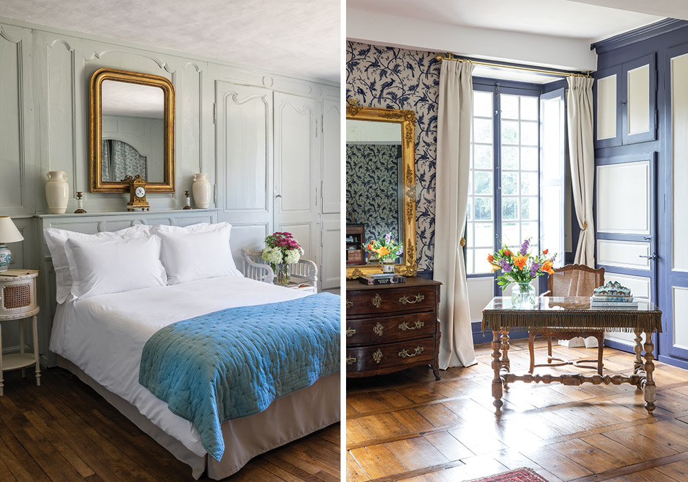 Right: A desk sits before a window in a bedroom decorated in dark blue and white. Left: Another guest room features light blue-and-white décor, with a large gold mirror hanging over the headboard
