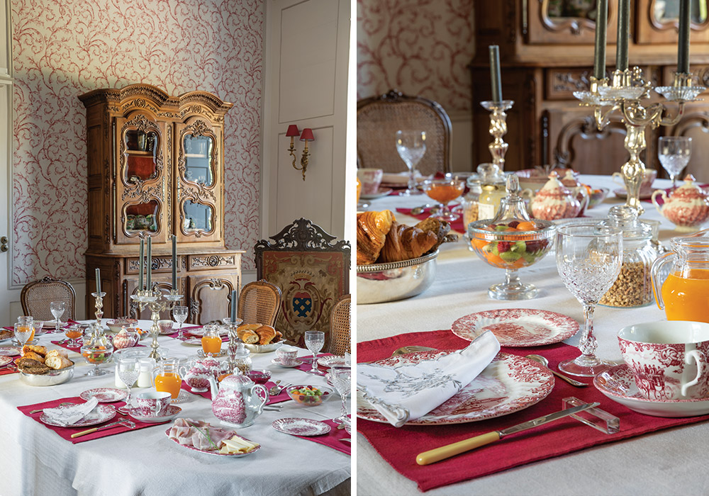 Left: The dining room sparkles with heirloom furnishings and a table set with Johnson Brothers china. Right: The Count and Countess de Farcy, along with their daughter and her family, stand at the entrance to the château.