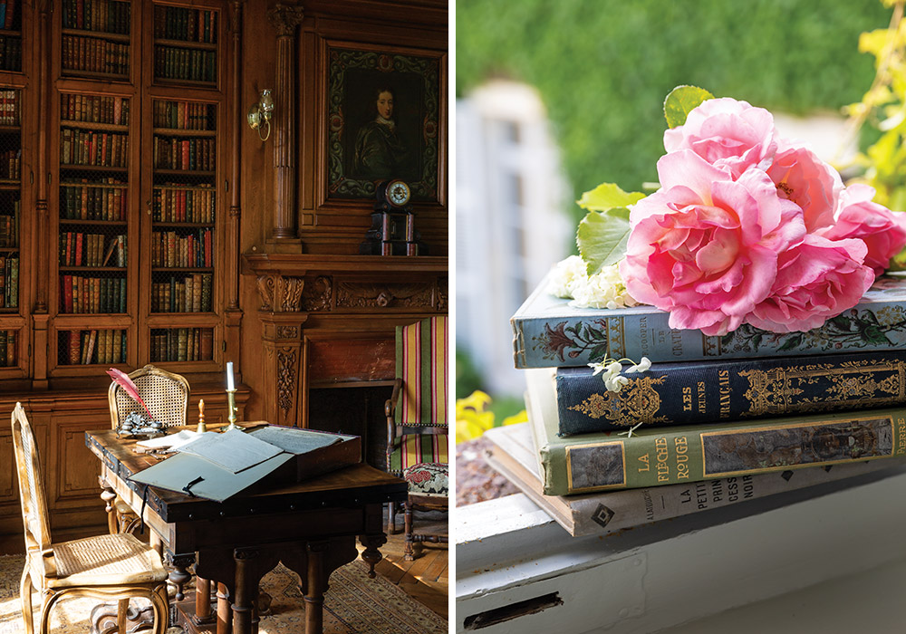 Commissioned by Henri de Farcy in 1904, when he was just under thirty years old, the library is housed in a square tower built between the horse stables and the east wing. Henri devoted himself to books and the archival papers that consumed his attention, storing his collections in this handsome space, which features gleaming wood paneling and walls of bookcases. Among the many treasures found here is the original deed of acquisition for the estate.