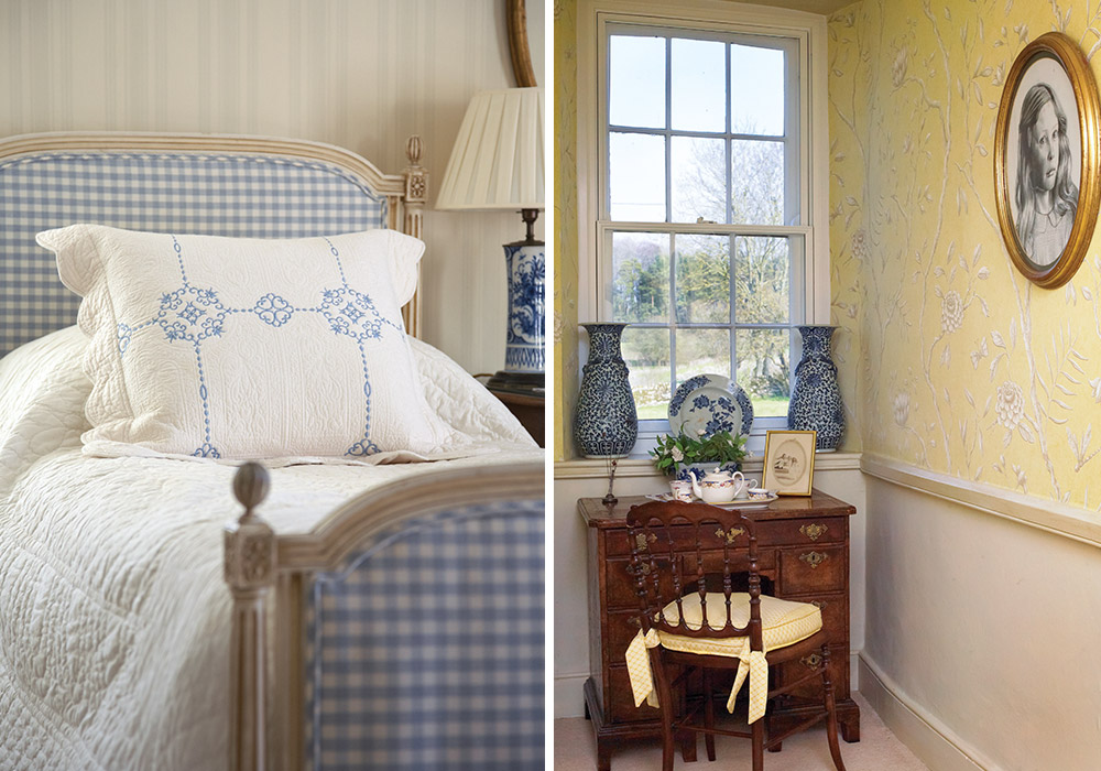 A quaint desk and a charming twin bed combine the colorways of yellow, blue, and white to great appeal.