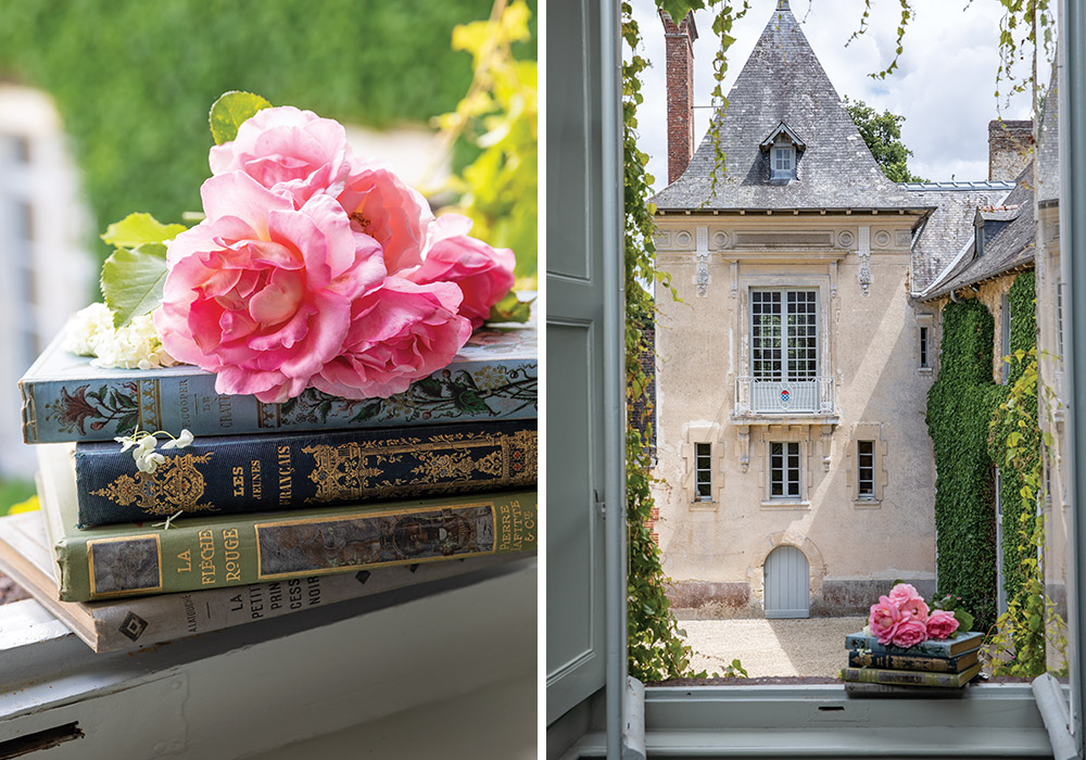 Right: The exterior façade of Château de la Villedubois is dressed in ivy and a trimmed in pale blue paint. Left: Pink flowers sit atop a stack of books in the open window.