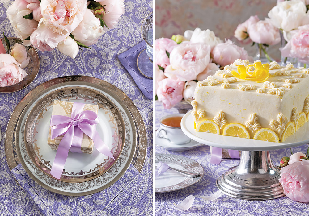 Left: Our table is set in vibrant purple with notes of silver and blushing peony blossoms. Right: Our citrusy Lemon Layer Cake takes center stage at the celebration.