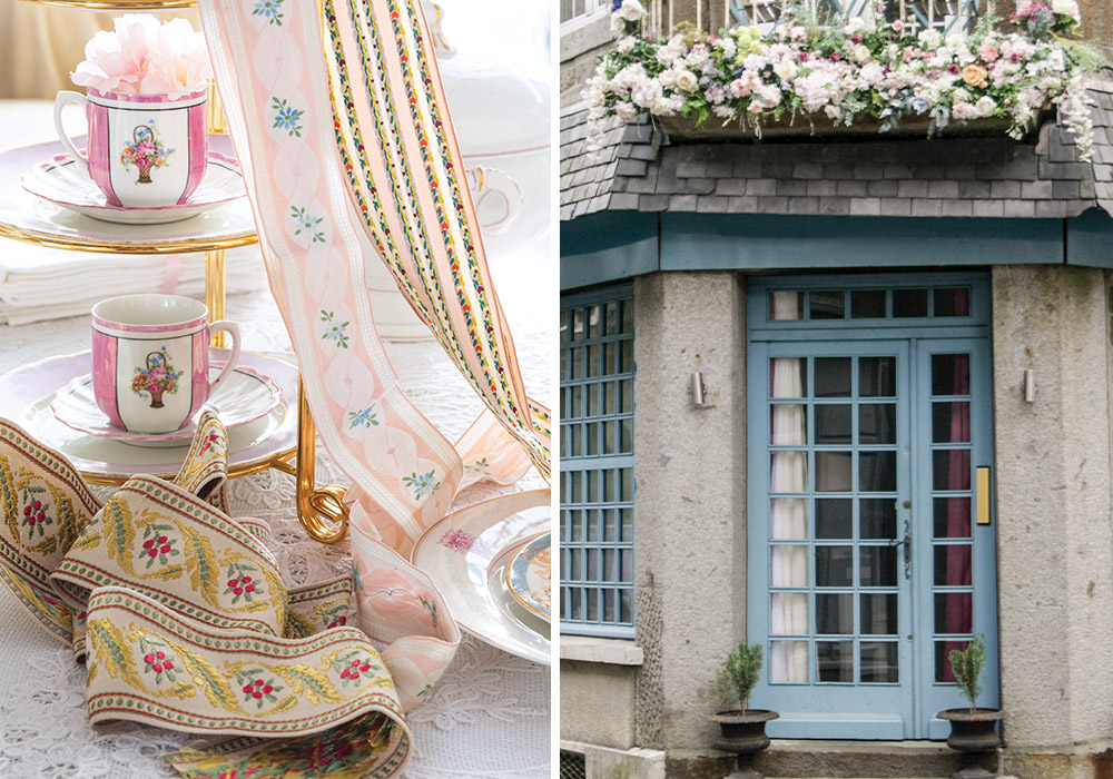 Right: The exterior of L’atelier by Julie Huh is dressed in flowers and its door is painted an inviting shade of blue. Left: Some of the shop’s offerings include porcelain cups and bespoke ribbons.