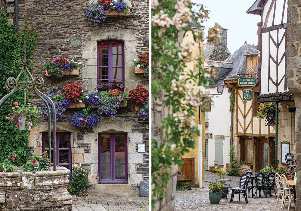 Left: Window boxes and hanging baskets lend their charms to a granite building in France’s Brittany region. Right: The inviting lane features an assortment of outdoor seating from restaurants and cafés.