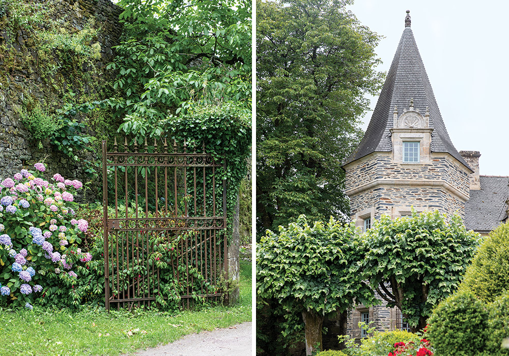 Left: A garden gate opens to present a haven of hydrangeas. Right: Château de Rochefort-en-Terre was restored in the early 1900s by American artist Alfred Klots.