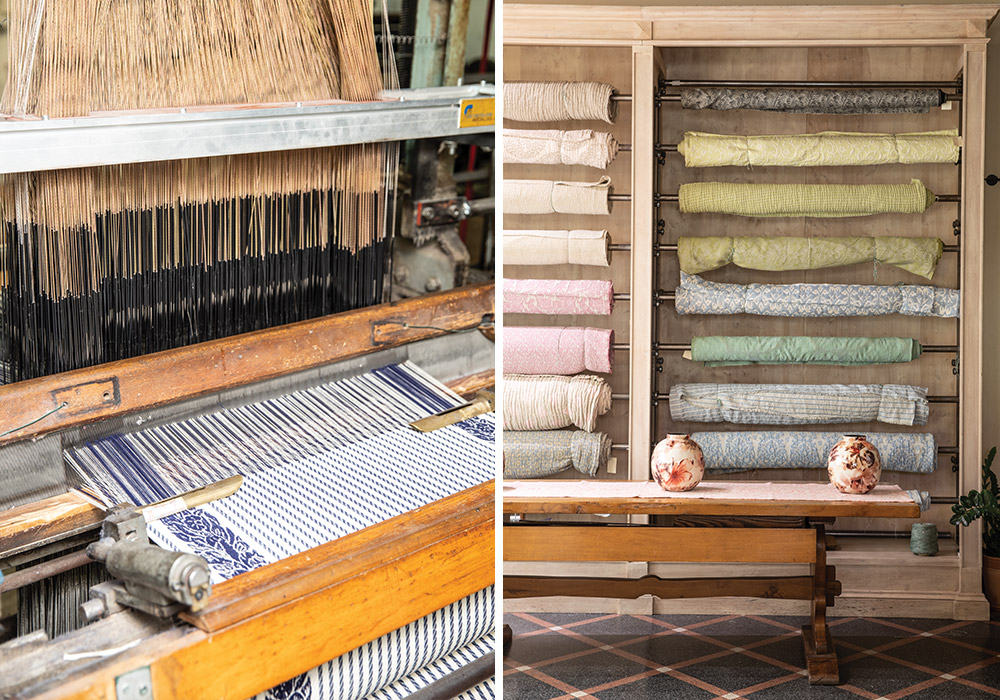 Left: A wooden loom weaves a blue-and-white textile. Right: Bolts of pastel fabrics hang from rods on a display wall