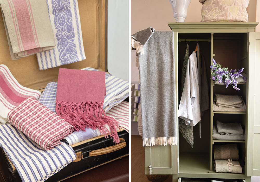 Left: A sampling of tea towels shows a variety of patterns, from checks and stripes to a floral motif. Right: A sage-green cabinet opens to reveal textiles hanging and folded on shelves, with a fringed throw placed over the door.