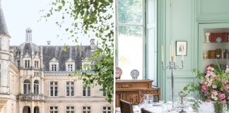 Erin and Jean-Baptiste Gois stand in front of Château de Bourneau in France’s Vendee region. Right: The renovated Library Dining Room at Château de Bourneau seats 22 guests.