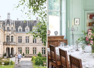 Erin and Jean-Baptiste Gois stand in front of Château de Bourneau in France’s Vendee region. Right: The renovated Library Dining Room at Château de Bourneau seats 22 guests.