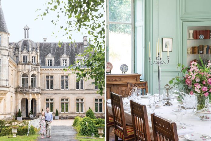 Erin and Jean-Baptiste Gois stand in front of Château de Bourneau in France’s Vendee region. Right: The renovated Library Dining Room at Château de Bourneau seats 22 guests.