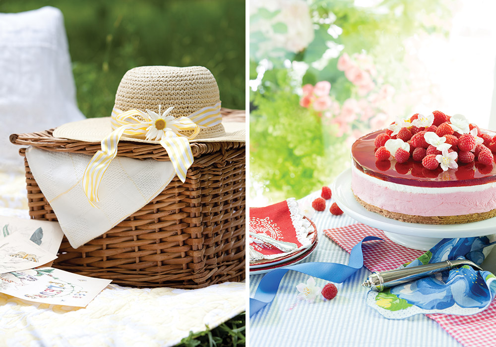 Left: A picnic basket and sun hat rest in a meadow. Right: A chilled dessert topped with berries and diminutive blossoms awaits indulgence.