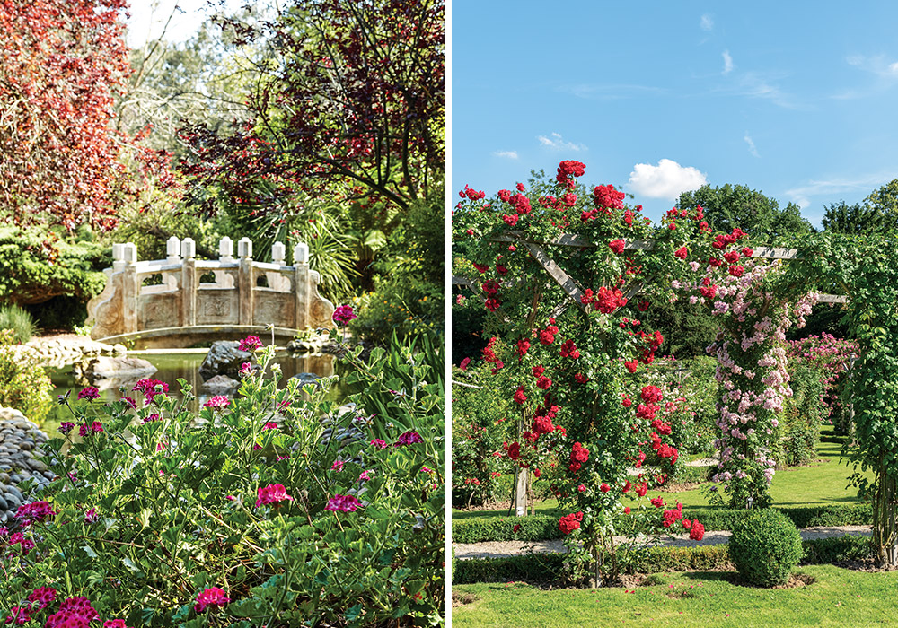 Scenes of gardens around the world provide windows into blossoming oases, one with a stately bridge and another with rose-covered trellises beneath a blue sky.