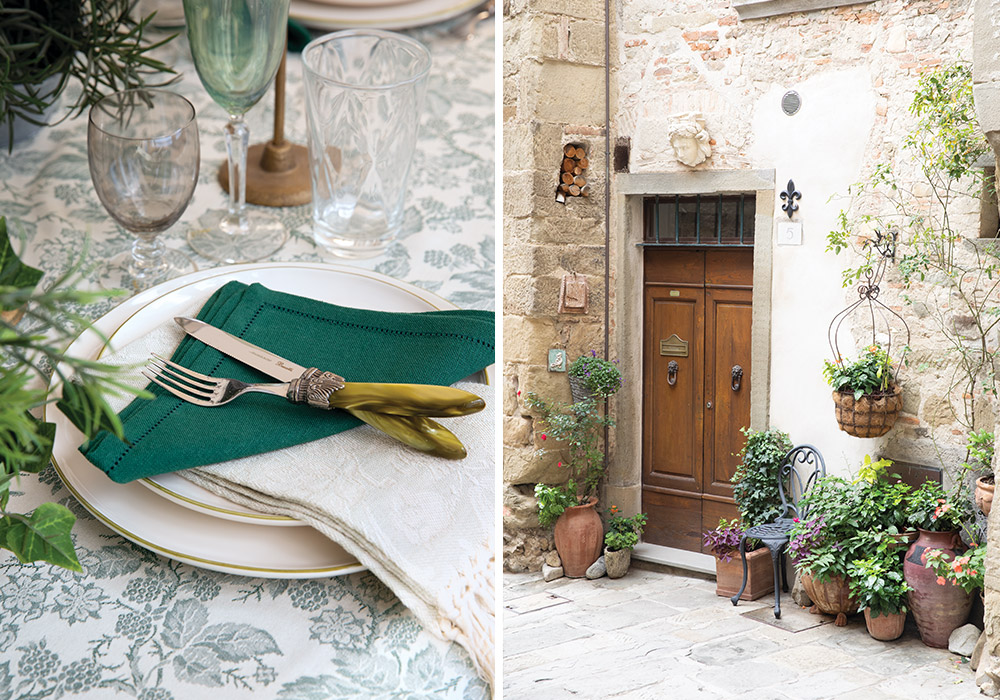 Left: A place setting atop the table is dressed in linens by Busatti. Right: A stone wall, wooden door, and potted plants gives a taste of the Italian setting of this textile brand.