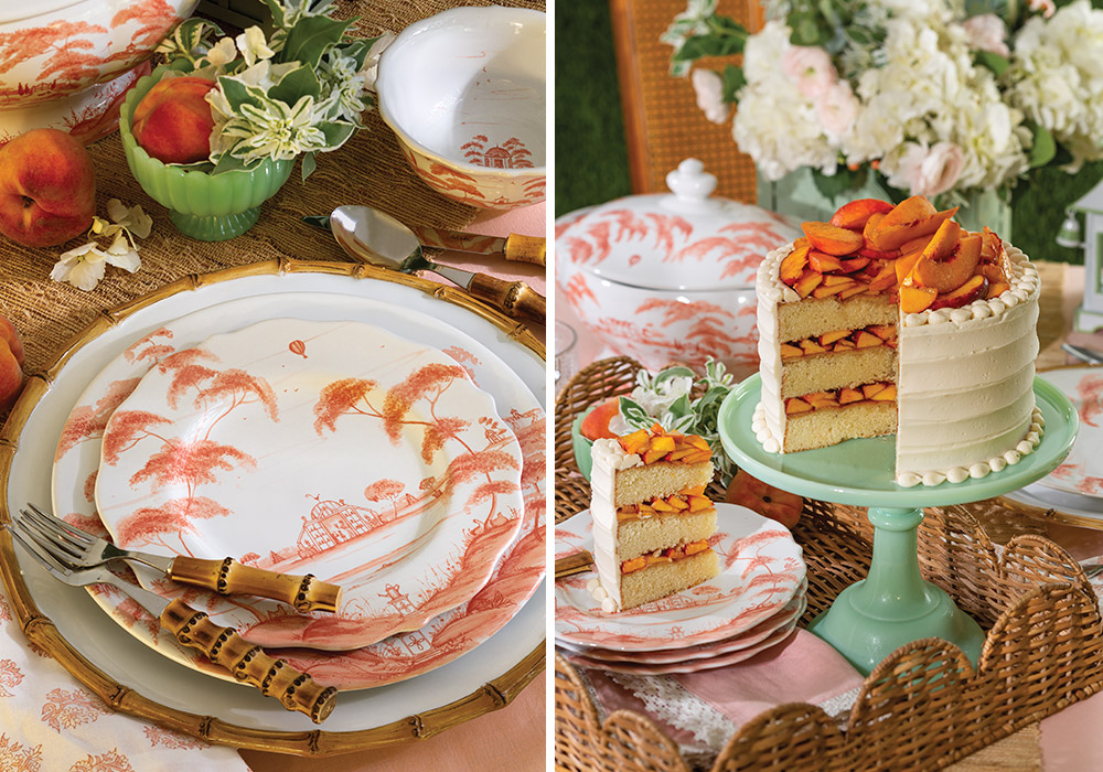 Peach-colored porcelain and sweet peach cake slices exude the loveliness of the sunniest season.