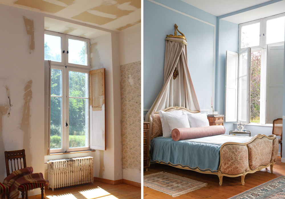 Left: La Suite de Fontaines before renovations began. Right: The restored boiserie and handmade bed crown give the room an authentically French feel.
